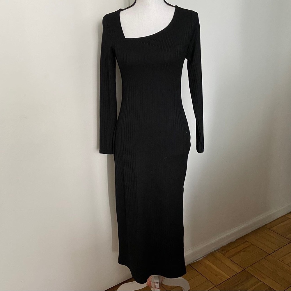 A New Day Black Long Sleeve Ribbed Knit Dress w/ Slit Size XS